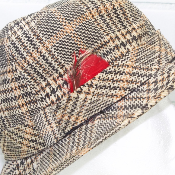 Vintage Plaid Fedora Bucket Hat Red Feather - Picture 2 of 8